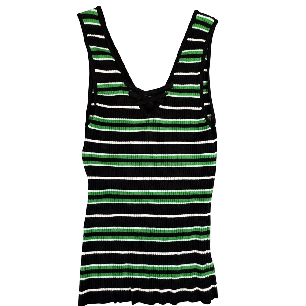 White House Black Market Womens Ribbed Lace Up Striped‎ Tank Top Black Green M - Picture 2 of 11